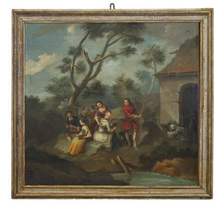 Scuola francese del secolo XVIII

"Paesaggio con riunione galante"
olio su tela