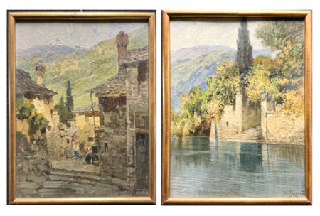 Bruto Mazzolani Lotto composto da due paesaggi lacustri "Lago di Como, punta Bal