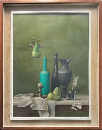 Proferio Grossi "Natura morta con pere e bottiglie" 1966, olio su tela (cm 70x50