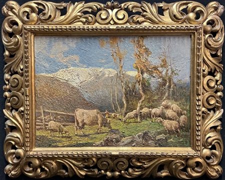 Bruto Mazzolani "Paesaggio montano con animali al pascolo" 

olio su compensato
