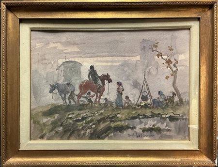 Giulio Falzoni "Gli zingari" 
acquerello su cartone (cm 46x67)
firmato in basso