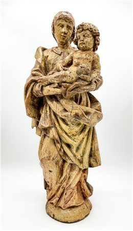 Antica scultura raffigurante Madonna con Bambino Salvator Mundi in legno scolpi