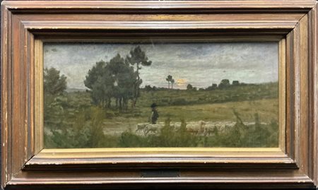 Luigi Gioli (Attribuito)
"Il ritorno del pastore" 
olio su tela (cm 21,5x47)
in