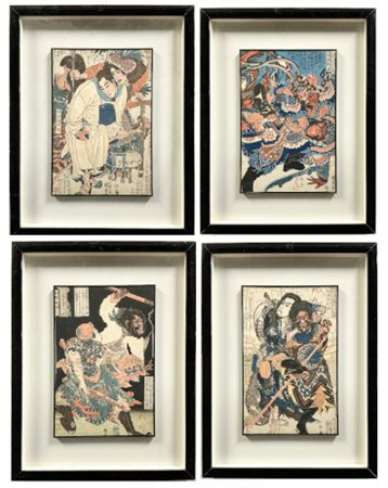 Arte giapponese, secolo XIX. Gruppo di quattro xilografie acquerellate su carta