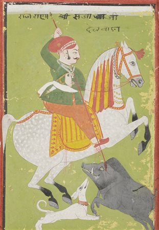Ritratto equestre di un raja che caccia il cinghiale
India, Rajasthan, Mewar, f