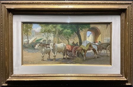 Gino Danti "Giorno di mercato" 
olio su masonite (cm 20x40)
firmato in basso a d