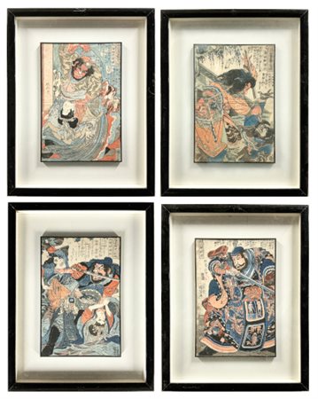 Arte giapponese, secolo XIX. Gruppo di quattro xilografie acquerellate su carta