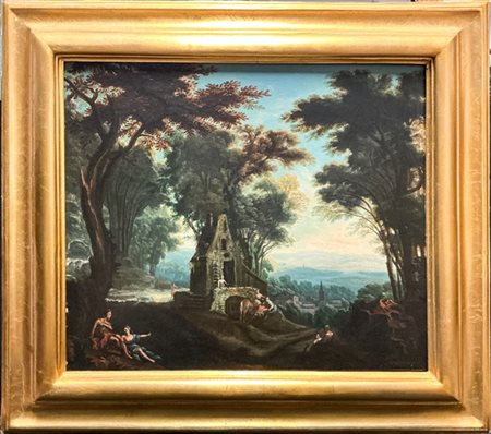 Scuola nordica del secolo XVIII

"Paesaggio boschivo con pastori e villaggio in