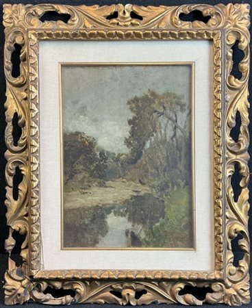 Eugenio Gignous "Scorcio boschivo con laghetto" 
olio su tavola (cm 32x23)
firma