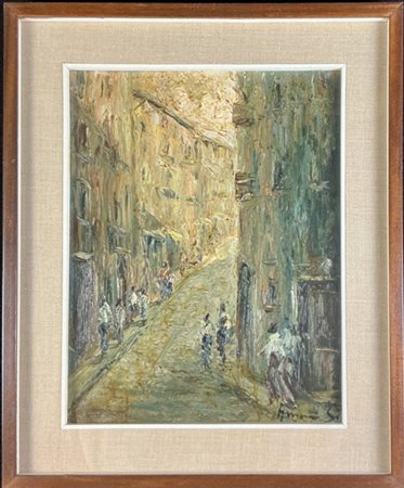 SEVERINO ANNONI "Scorcio cittadino con figure" 
olio su compensato (cm 50x40)
fi