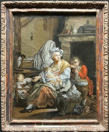 Scuola del secolo XIX, da Jean-Baptiste Greuze, "Silenzio!", verre peint (cm 40