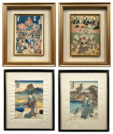 Arte giapponese, secolo XIX. Gruppo di quattro xilografie acquerellate su carta