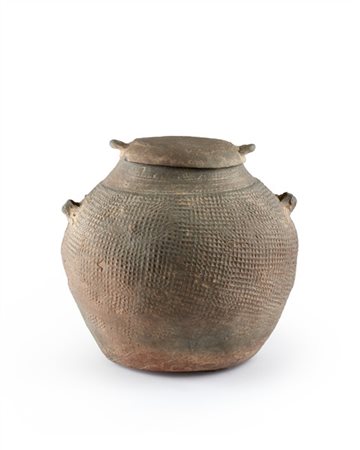 Vaso biansato con coperchio in ceramica Zhou orientale con intreccio impresso