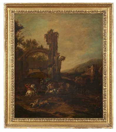 Maestro del secolo XVII

"Paesaggio con battaglia di cavalleria presso delle ro