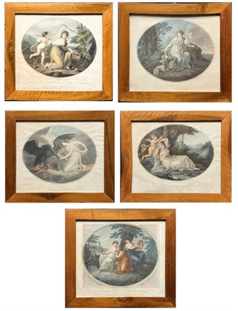 Gruppo di cinque stampe a soggetto mitologico di cui alcune tratte da invenzion
