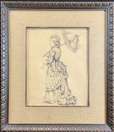 Pio Joris "Gentildonna con parasole" 1875
china su carta (cm 25x20)
firmato e da