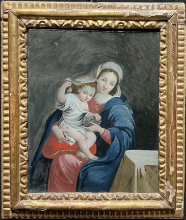 Scuola del secolo XVIII, Madonna con Bambino, verre peint (cm 23x18,5) in corni