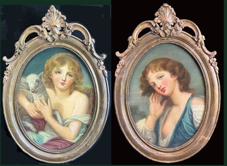 Scuola francese del secolo XIX

"Fanciulle" 
coppia di dipinti ad olio su carto