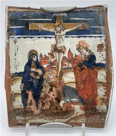 Ignoto del secolo XVIII, Crocefissione, verre peint (cm 24x21) (gravi difetti)
