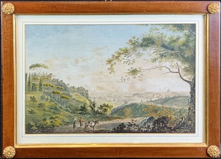 Scuola del secolo XIX

"Paesaggio romano" 
incisione acquarellata (cm 28x40)
in