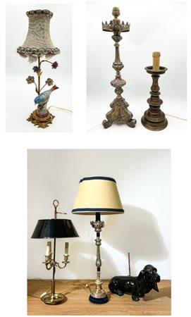 Lotto composto da una lampada bouillotte a tre luci (h max cm 78), tre diversi