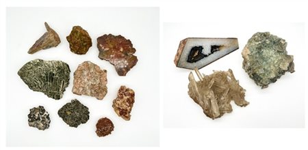 Gruppo di numerosi minerali diversi e geodi, in due cartoni (difetti)