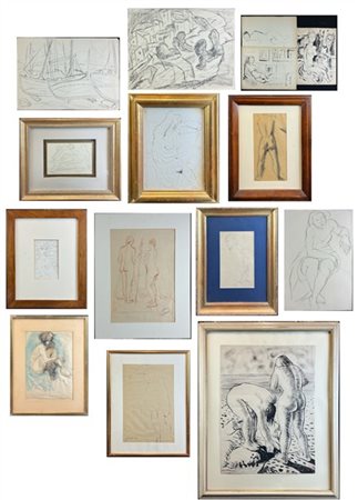 Lotto composto da dodici disegni a tecnica mista raffiguranti nudi femminili e