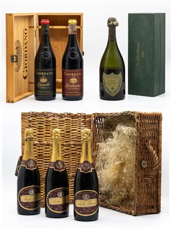 Lotto composto da numerose bottiglie tra cui un Dom Perignon del 1988 con gravi