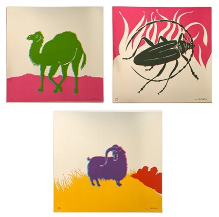 Gino Marotta "Muflone - Dromedario - Scarabeo" 1974
tre serigrafie su cartoncino