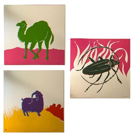 Gino Marotta "Muflone - Dromedario - Scarabeo" 1974
tre serigrafie su cartoncino