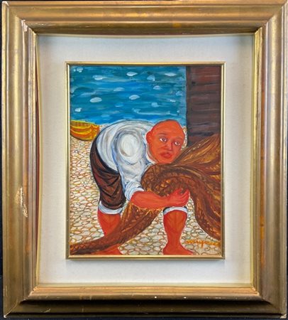 Giuseppe Migneco "Pescatore con rete" anni '80
olio su tela
cm 44,5x34
Firmato i