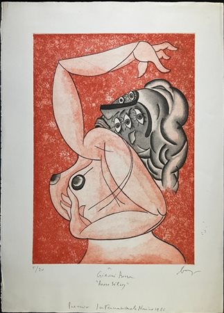 Enrico Baj "Rrose Sélavy, danzatrice nera" 1986
acquaforte e acquatinta a colori