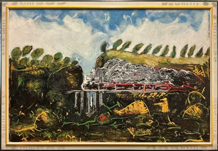 Mario Schifano "Quadro severo con trenino allegro" 
serigrafia polimaterica su t