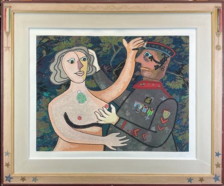 Enrico Baj "Militare con la sua amichetta" 1989
serigrafia materica - prova d'ar