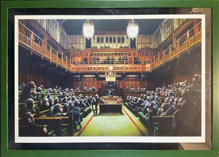Banksy "Monkey parliament" 2009
litografia offset
cm 53,5x84

Provenienza
Graffi