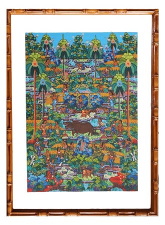 Pittore di Ubud (Bali), scena mitologica e cerimoniale con figure e animali