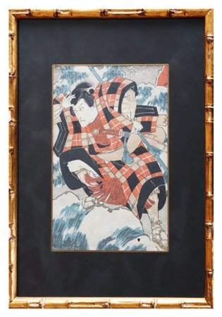 Scuola di Utagawa, xilografia giapponese raffigurante guerriero in abito tradizionale