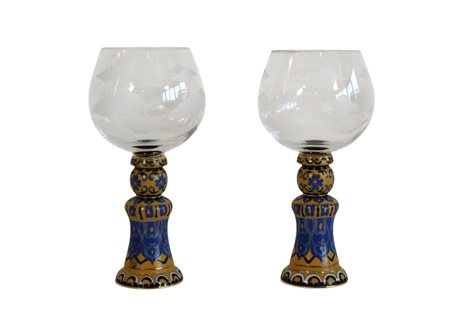 Coppia di grandi calici in cristallo e rame decorato a cloisonné, Lotus Art de Vivre
