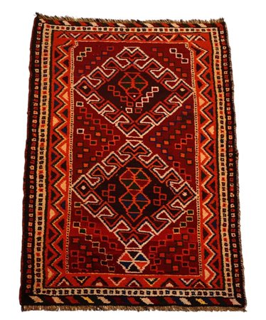 Tappeto Loristan Gabbeh, a fondo rosso con motivi geometrici