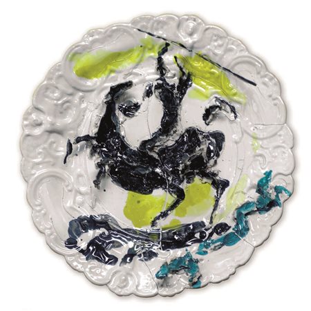 LUCIO FONTANA Guerriero a cavallo 1948-1950 Ceramica colorata 56 cm ø L’opera...