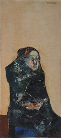 KARL PLATTNER Vecchia signora 1966 Olio su tela 45x18 cm Firmato e datato in...