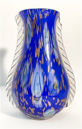 Manifattura di Murano Vaso a morise in vetro soffiato incamiciato blu e cristall