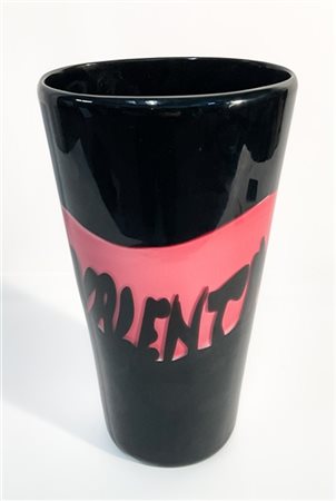 Archimede Seguso Vaso in vetro soffiato sommerso rosa, lattimo nero con scritta