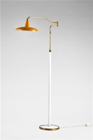 Lampada da terra in alluminio laccato giallo con fusto e base rivestiti in pell