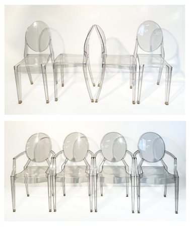 Philippe Starck Gruppo di sei sedie in plexiglass modello "Louis Ghost". Produzi
