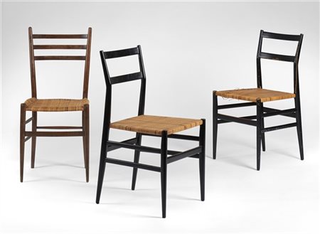 Gio Ponti Due sedie modello "646 leggera" nere, Cassina, Meda, anni '50 unite a