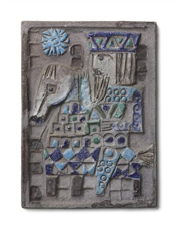 Emanuele Luzzati Formella in ceramica raffigurante cavaliere dipinta nei toni de