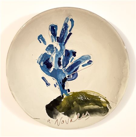 Manifattura San Giorgio Tondo decorativo in ceramica smaltata in bianco, blu e v