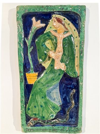 K SABER Madonna col bambino. Seconda metà secolo XX. RIlievo in ceramica policro