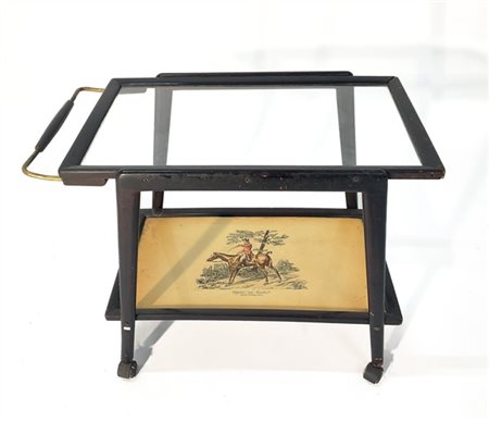 Carrello portavivande in legno laccato nero con piano superiore in cristallo e